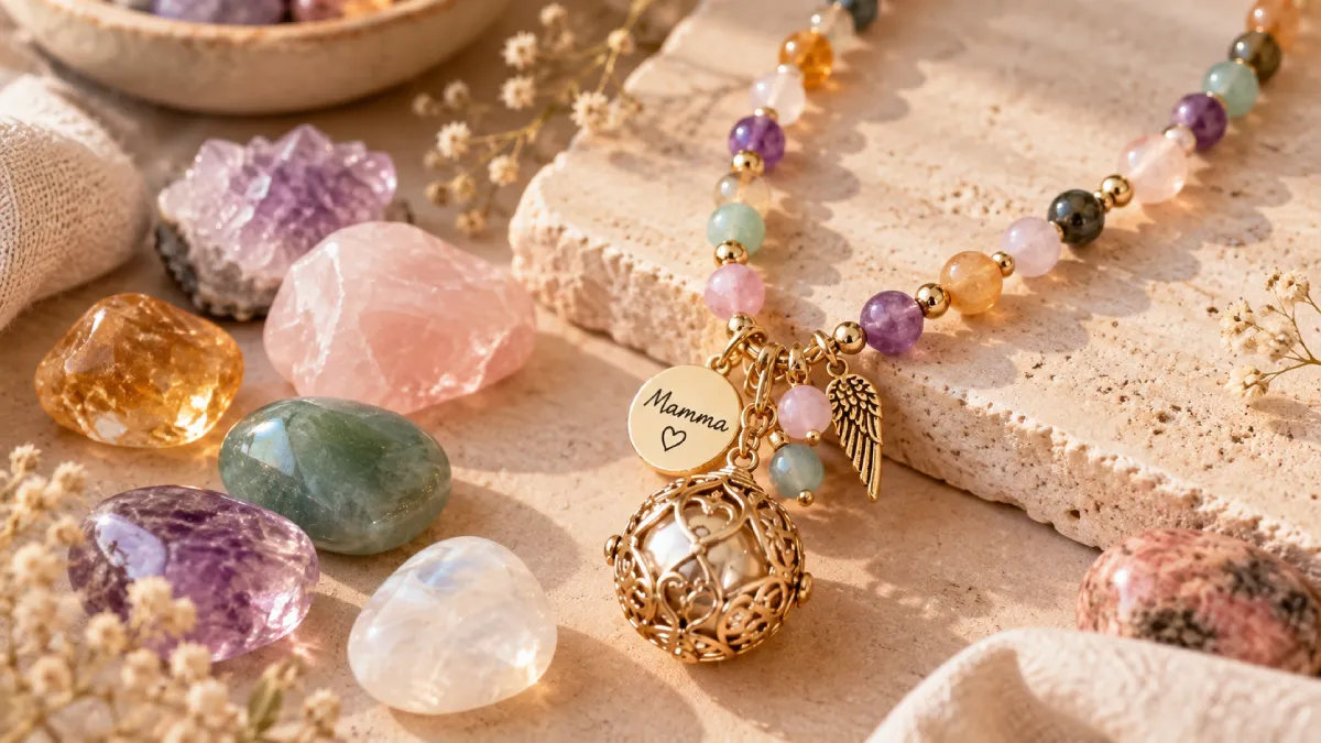 Pietre di nascita naturali di colori diversi accanto a una collana Chiama Angeli